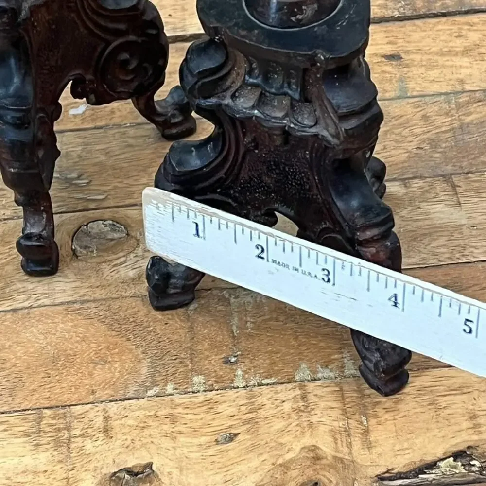 Rare Vintage Baroque Cast Iron Church Altar Candlestick Holders 13.75” Tall